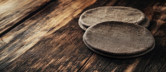Aufkleber - Linen coasters positioned on a rich dark brown wooden table with a textured surface, creating a warm and inviting atmosphere.