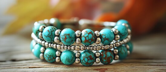 Poster - Turquoise beaded bracelet with silver accents on rustic wooden background featuring warm autumn leaves in soft focus. Vibrant turquoise and silver tones.