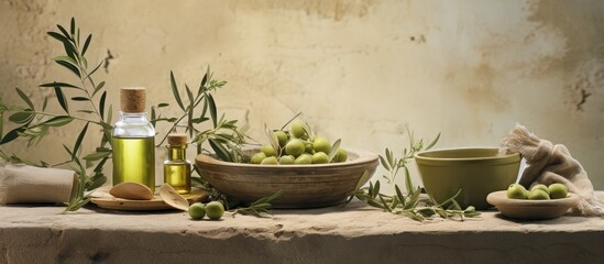 Poster - Aromatic olive oil display with green olives and herbs on a rustic stone table, featuring bottles and bowls in earthy tones and natural textures.