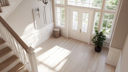 Poster - elegant entryway: a welcoming, sun-drenched entryway with a grand staircase, offering a serene and i