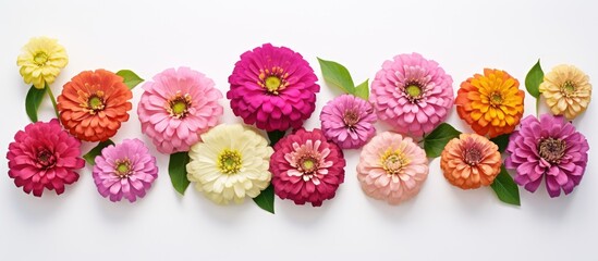 Aufkleber - Colorful floral arrangement featuring pink, purple, orange, and cream zinnia flowers with green leaves on a white background, displayed in a horizontal format.