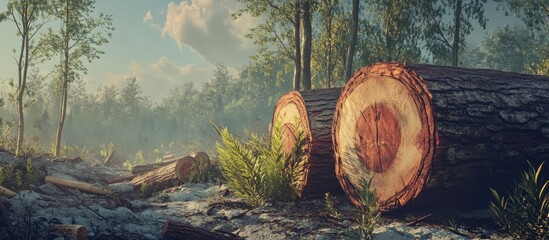 Poster - Forest landscape featuring freshly cut tree logs on the ground, surrounded by lush green grass and trees under a clear blue sky.