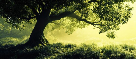 Leinwandbilder - Lush green tropical tree with sprawling branches on the left, bathed in golden sunlight over soft grassy landscape, on subtle foggy background.