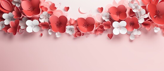 Poster - Elegant Valentineâ€™s Day background featuring soft pink hues adorned with vibrant red and white heart-shaped paper flowers along the top edge.