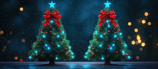 Poster - Two lush green Christmas trees centered in a dark blue background, featuring bright red bows and sparkling blue lights for a festive ambiance.