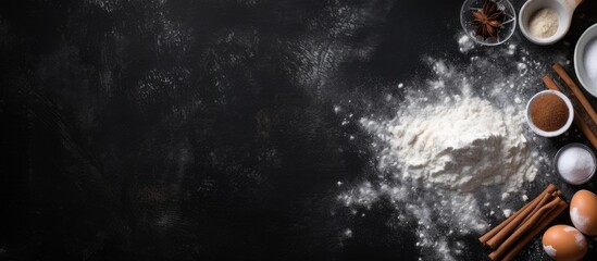 Aufkleber - Dark black background adorned with scattered flour and assorted kitchen tools including eggs, bowls, and spices, ideal for food-related designs.