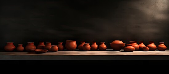 Poster - Clay dishes arranged neatly on a black table against a dark backdrop, featuring earthy tones of terracotta and brown, with empty space for text.