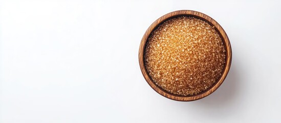 Poster - Top down view of brown sugar in a wooden bowl against a white background highlighting the rich texture and warm golden tones of the sugar