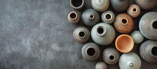 Aufkleber - Top view of an artistic arrangement of handcrafted pottery jars in various earthy colors with textures on a dark grey background