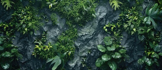 Leinwandbilder - Lush green textured background with dark stone and foliage elements creating depth ideal for presentations showcasing ample copy space.