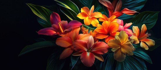 Poster - Vibrant tropical flower arrangement with orange, yellow, and red blooms against dark background, illuminated by soft evening light, showcasing beauty