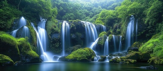 Fototapete - Majestic Glymur waterfall cascading down multiple tiers surrounded by lush greenery and tranquil waters in vibrant shades of green and blue.