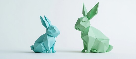 Poster - Colorful origami rabbits in teal and green, positioned side by side on a white background, showcasing geometric shapes and playful design.