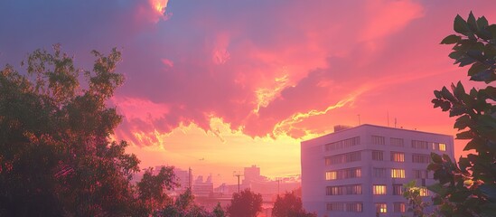 Poster - Twilight skyline with soft pink and orange hues, silhouetted trees in foreground, urban buildings illuminated by fading daylight, serene atmosphere.