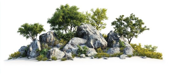 Leinwandbilder - Lush green trees with vibrant foliage atop gray rocky formations isolated against a clean white background creating a serene natural composition