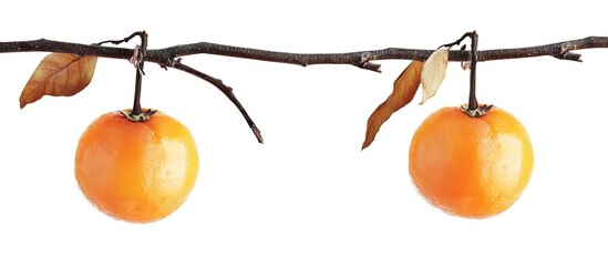Poster - Two vibrant orange fruits hanging on a dark brown branch with green leaves against a pure white background creating a natural, fresh look.