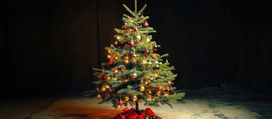 Poster - Traditional Christmas pine tree adorned with colorful decorations and glowing lights against a dark background, inviting holiday ambiance and warmth.