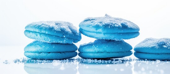 Poster - Stack of four vibrant blue sugar cookies dusted with icing sugar on a clean white background with ample copy space for text insertion