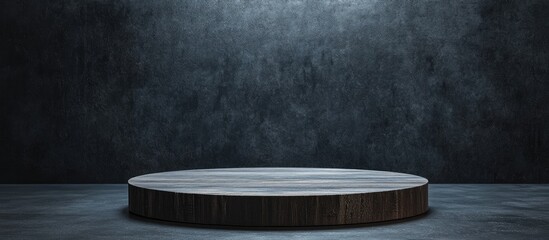 Fototapete - Empty dark studio with a round wooden platform centered on a gray textured floor, illuminated by soft overhead light in a moody atmosphere.