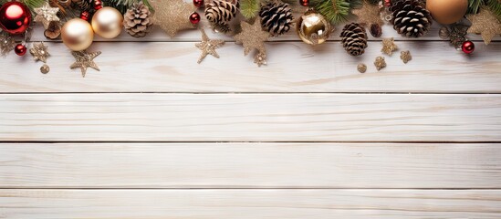 Poster - Top view flat lay of Christmas decorations including gold and red ornaments pinecones and stars on a white wooden background with copy space