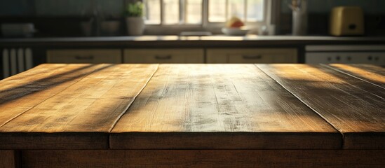 Fototapete - Rustic wooden kitchen table with warm tones, sunlight casting shadows, soft focus on the background featuring a modern kitchen setting.