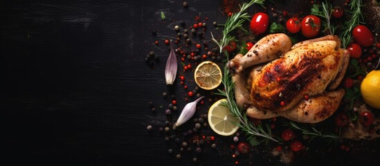 Aufkleber - Whole roasted chicken garnished with fresh herbs and spices on a dark background with vibrant tomatoes and lemon slices on the side