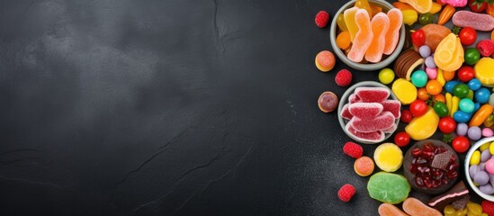 Aufkleber - Vibrant candy assortment on a dark slate background featuring colorful gummies, chocolates, and jellybeans arranged on the left with open space on the right