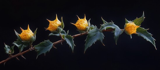 Fototapete - Yellow flower buds on a thorny branch against a black background, showcasing vivid green leaves and intricate textures, highlighting nature's beauty.