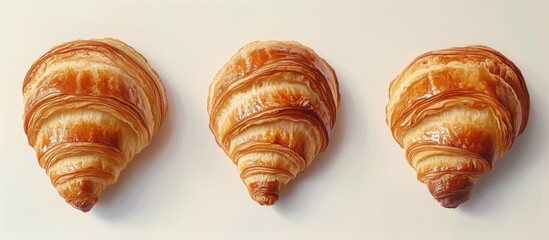 Poster - Golden brioche croissants in a row on a clean white background showcasing their warm flaky texture and appetizing appearance.