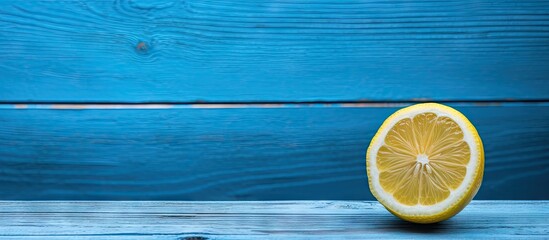 Poster - Yellow lemon half on a vibrant blue wooden surface with ample copy space featuring horizontal wood grain pattern and a fresh, rustic feel.