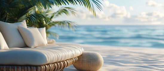 Aufkleber - Beach lounge area featuring plush chaise lounges with white cushions, golden sand, and a stunning ocean view under a bright blue sky.
