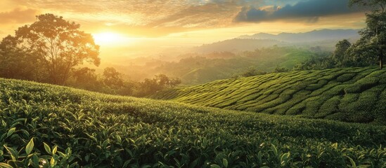 Poster - Dramatic sunset over lush green tea plantation with rolling hills in foreground and vibrant orange sky creating a serene landscape atmosphere