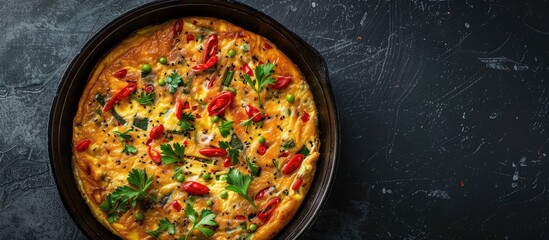 Aufkleber - Top view of a vibrant Turkish Menemen omelet with green herbs, red peppers, and sucuk in a black skillet on dark textured background