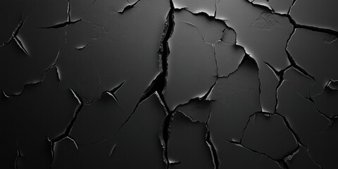 Poster - black cracked surface texture: an abstract close-up of a textured black surface with deep cracks, re