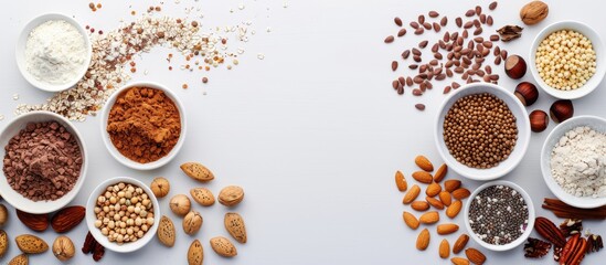 Poster - Top view of assorted protein powders in white bowls evenly arranged with nuts and seeds on a light gray background ideal for overlaying text and logos