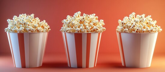 Poster - Colorful popcorn buckets filled with fluffy popcorn displayed in a trio against a warm gradient background featuring orange and coral hues.