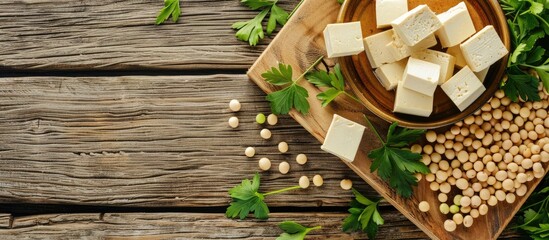 Aufkleber - Delightful tofu cubes and soybeans arranged on a wooden table with green parsley, ample light brown space for banner text on the left side.