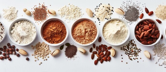 Poster - Assorted protein powders in white bowls arranged horizontally on a light background surrounded by nuts and seeds showcasing earthy tones and textures.