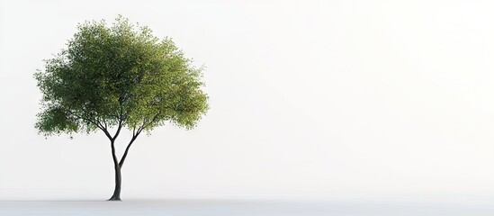 Fototapete - Lush green tree with dense foliage positioned to the left on a pristine white background creating a serene and minimalist aesthetic.