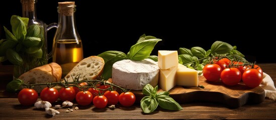 Poster - Traditional Italian cuisine ingredients displayed on a rustic wooden table include fresh tomatoes, basil, olive oil, and assorted cheeses against a dark background.
