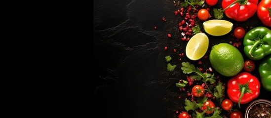 Poster - Colorful assortment of fresh tomatoes green limes and vibrant bell peppers arranged on a stylish black wooden background with ample copy space