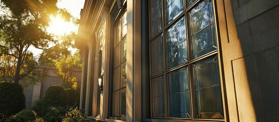 Poster - Sunlit glass window wall of an office building, left side gleaming light, low angle view showcasing reflections and tree shadows in warm tones.