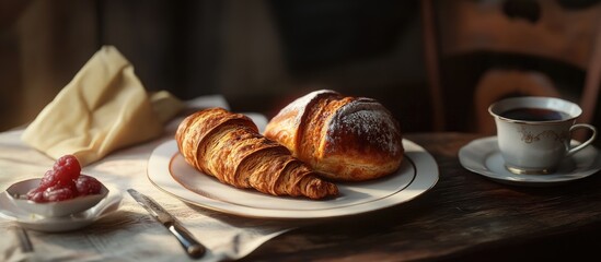 Poster - Rustic breakfast setting featuring golden croissants and a chocolate croissant on a beige plate, accompanied by a cup of coffee and jam on a wooden table.