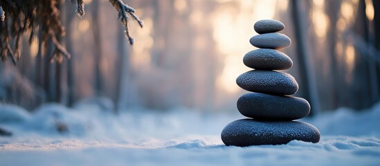 Poster - Zen meditation stones stacked peacefully in a snowy winter forest with soft pastel colors blurred in the background creating a tranquil atmosphere