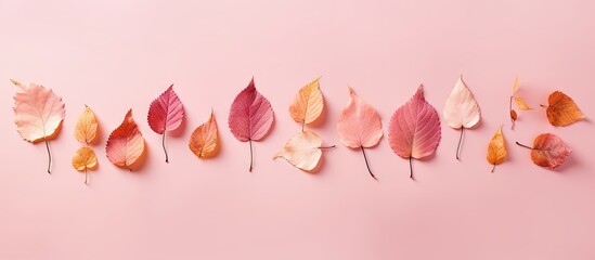 Poster - Colorful autumn leaves in various shades of orange, pink, and red, arranged in a linear fashion on a soft pastel pink background.