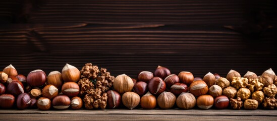 Poster - Wooden background featuring assorted nuts including walnuts, hazelnuts, and pecans arranged in a horizontal row with rich brown tones.