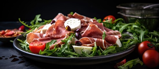Poster - Traditional Italian antipasti salad with prosciutto mozzarella and arugula on dark background featuring vibrant greens and red cherry tomatoes freshly arranged.