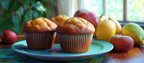 Poster - Three golden muffins on a turquoise plate, showcased against a colorful assortment of fresh fruits, with a warm, inviting background.