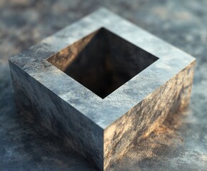 Poster - Geometric Stone Cube: A captivating image of a solid, weathered stone cube, its surface rough and textured with a square aperture that reveals the interior's dark depth.