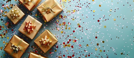 Poster - Top down view of shiny gold gift boxes with colorful bows scattered on a vibrant blue background with festive confetti creating a celebratory feel